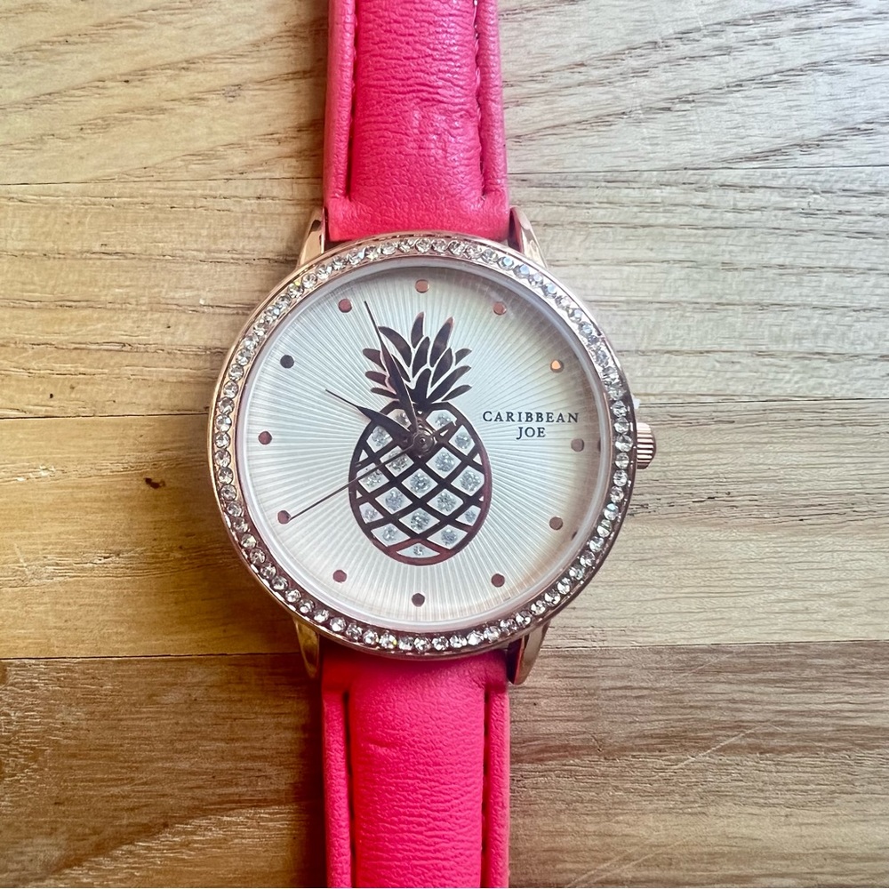 Caribbean Joe ladies pineapple pink strap fashion watch NEW BATTERY - Picture 2 of 8